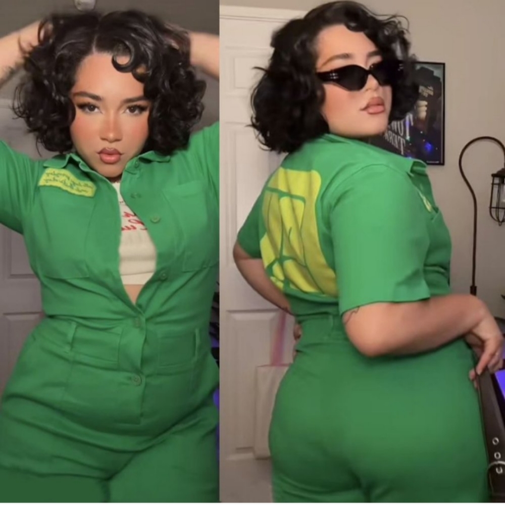 Green Short-Sleeve Utility Romper with Graphic Back
